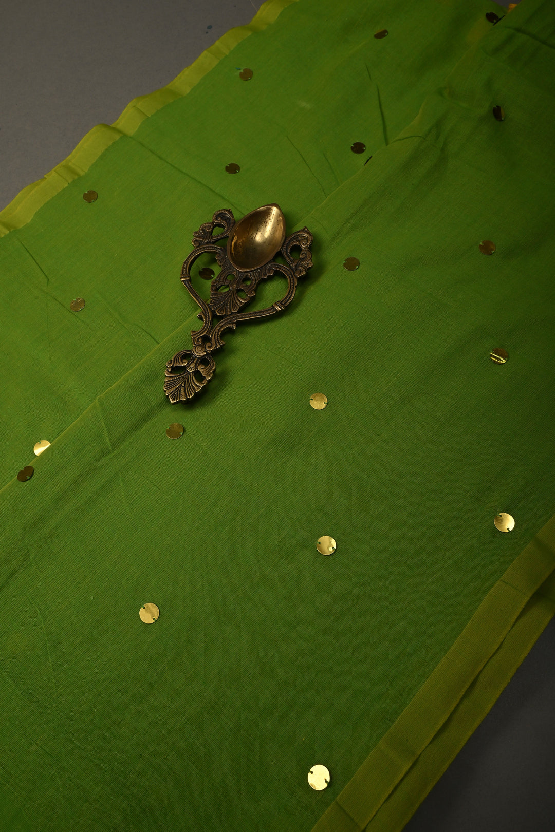 Parrot Green Mercerized Mul Cotton Saree with Tikki Work and Long Tassels, No Blouse Piece | SHOBITAM