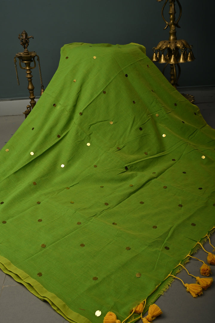 Parrot Green Mercerized Mul Cotton Saree with Tikki Work and Long Tassels, No Blouse Piece | SHOBITAM