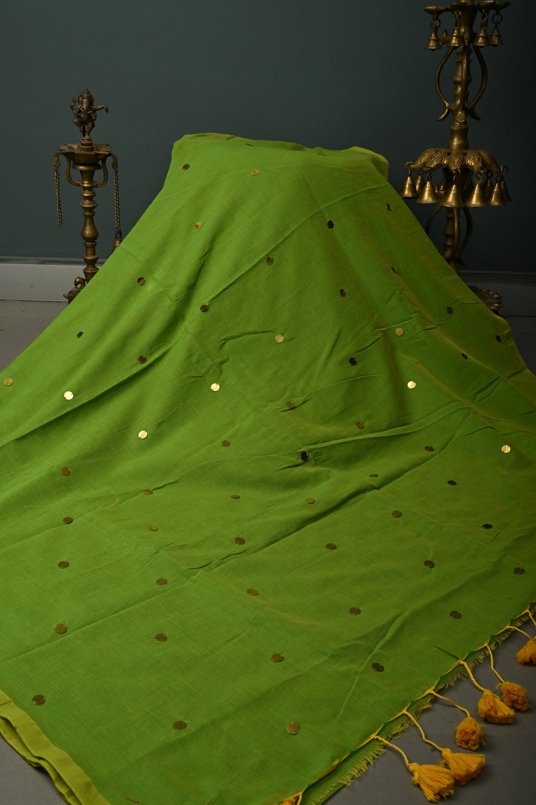 Parrot Green Mercerized Mul Cotton Saree with Tikki Work and Long Tassels, No Blouse Piece | SHOBITAM