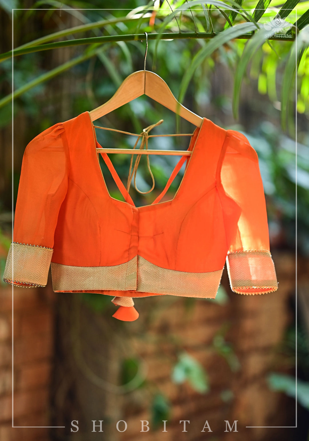 Orange chiffon & Gold brocade Square neck blouse with back detailing