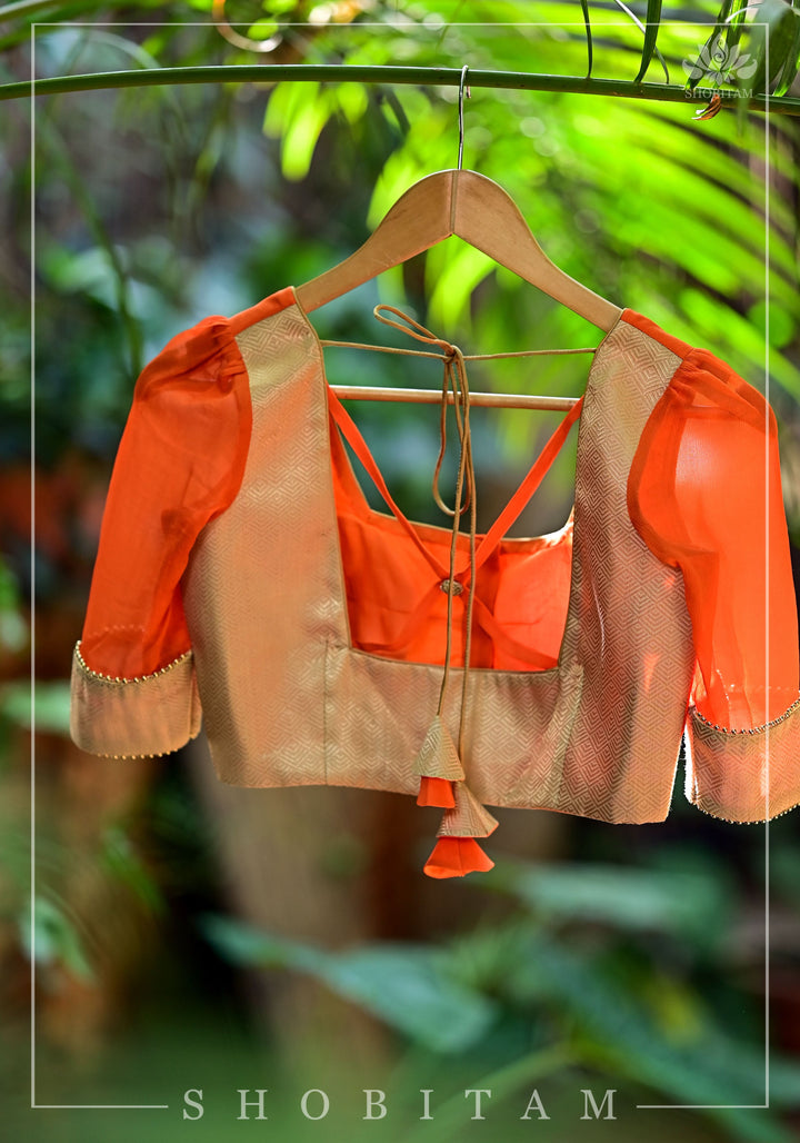 Orange chiffon & Gold brocade Square neck blouse with back detailing