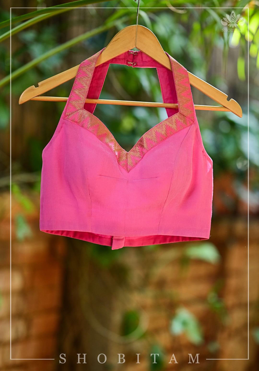 Bubblegum pink chiffon halter neck blouse with zari border