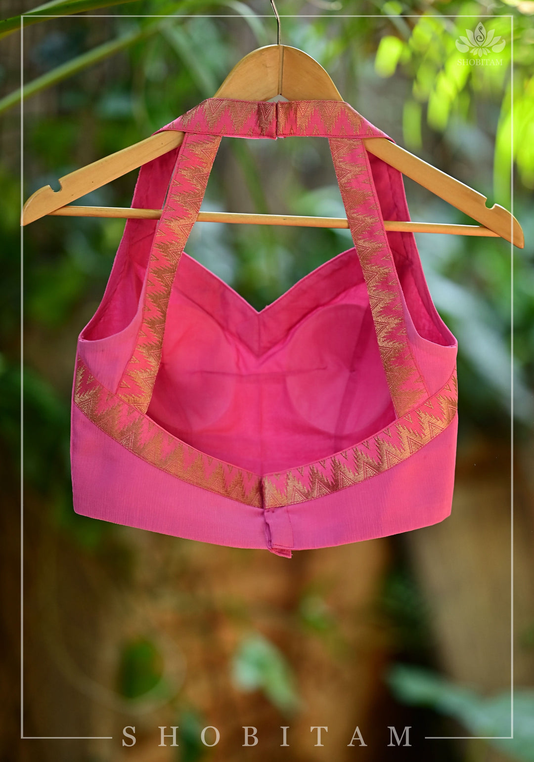 Bubblegum pink chiffon halter neck blouse with zari border