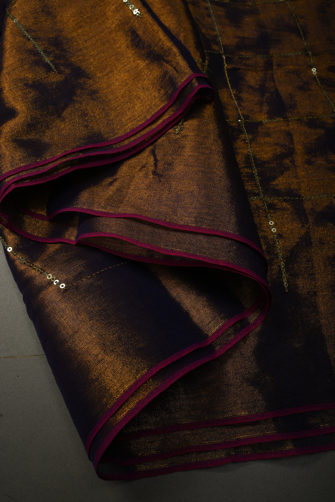 Purple-Gold Dual Tone Tissue by Tissue Saree with Checks Sequins Work and Long Tassels , No Blouse Peice | SHOBITAM