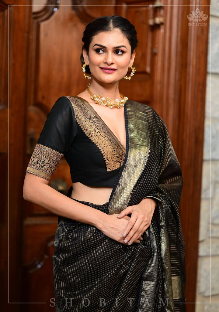 Black Blouse with Plunge Neck and Antique Tone Zari Detailing