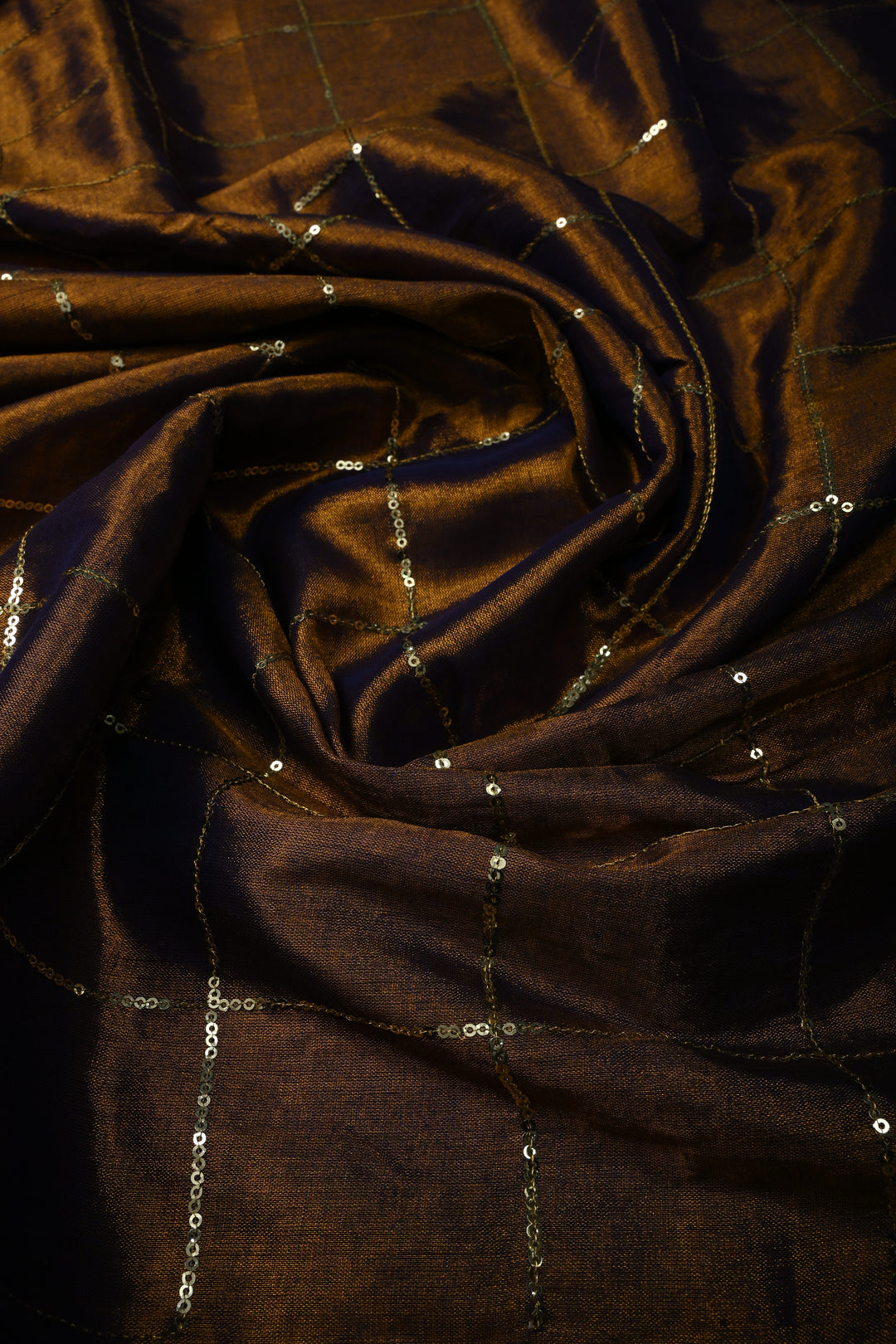 Purple-Gold Dual Tone Tissue by Tissue Saree with Checks Sequins Work and Long Tassels , No Blouse Peice | SHOBITAM