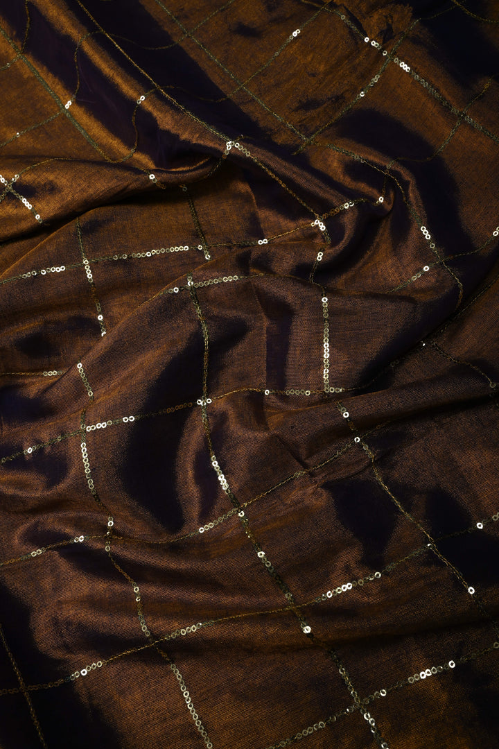 Purple-Gold Dual Tone Tissue by Tissue Saree with Checks Sequins Work and Long Tassels , No Blouse Peice | SHOBITAM