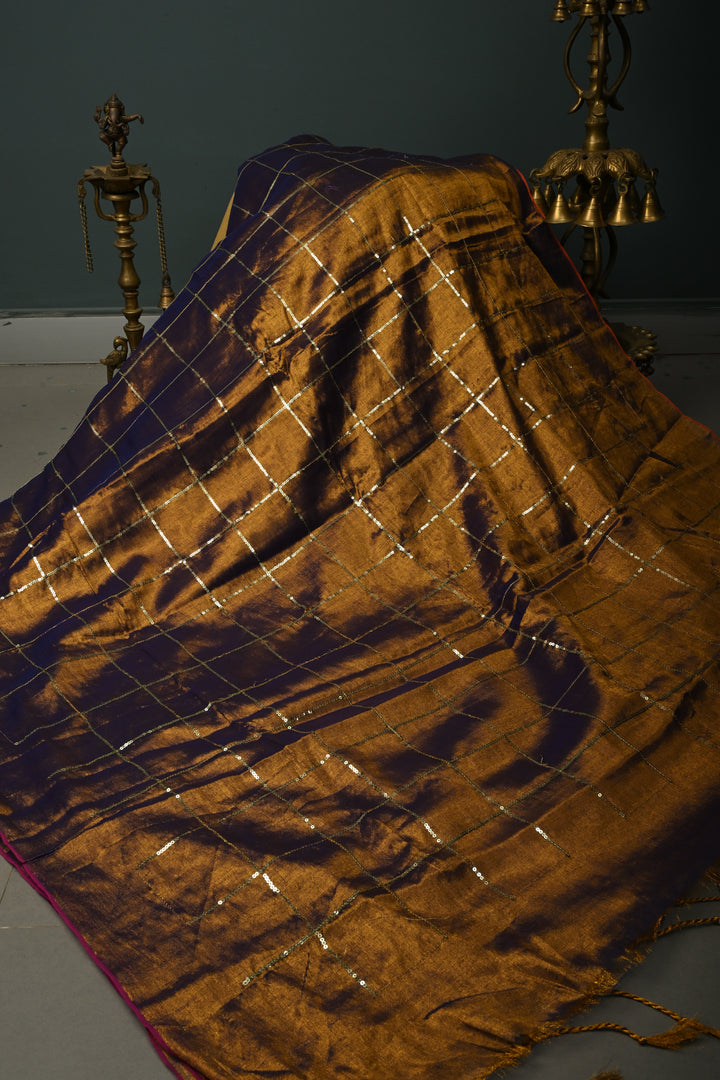 Purple-Gold Dual Tone Tissue by Tissue Saree with Checks Sequins Work and Long Tassels , No Blouse Peice | SHOBITAM
