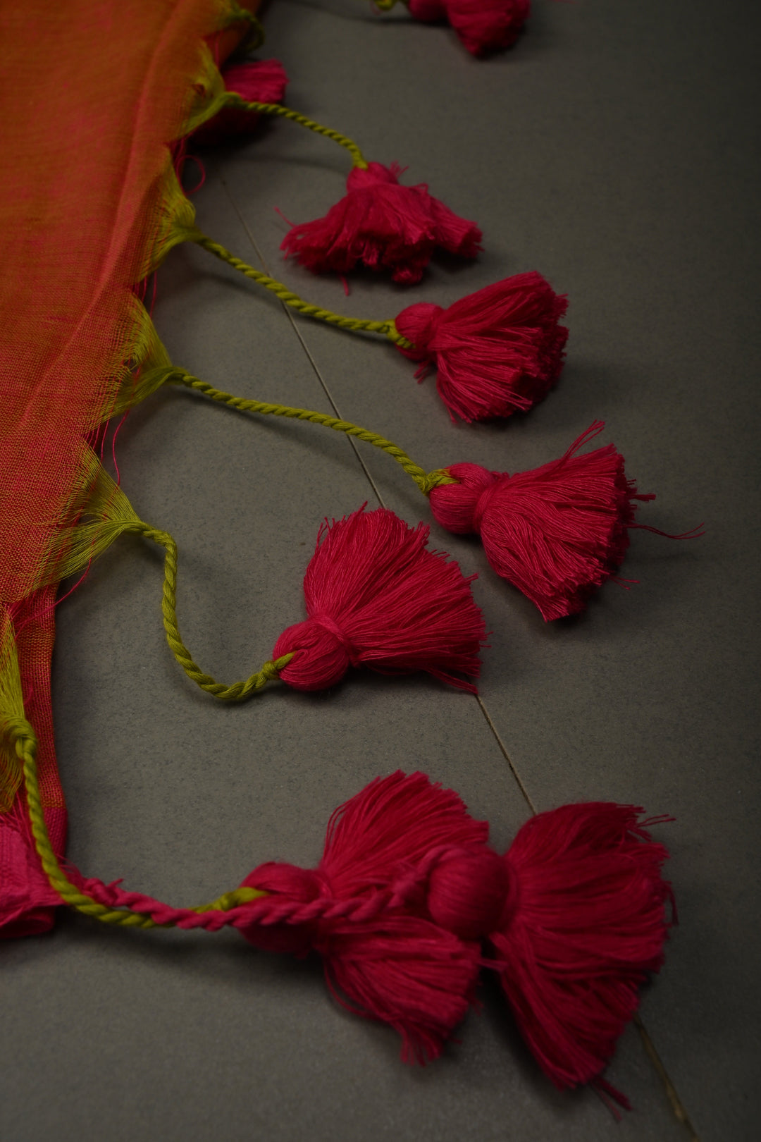 Orange-Pink Dual Tone Mercerized Mul Cotton saree in With Tikki work and Long Tassels, No Blouse Piece | SHOBITAM