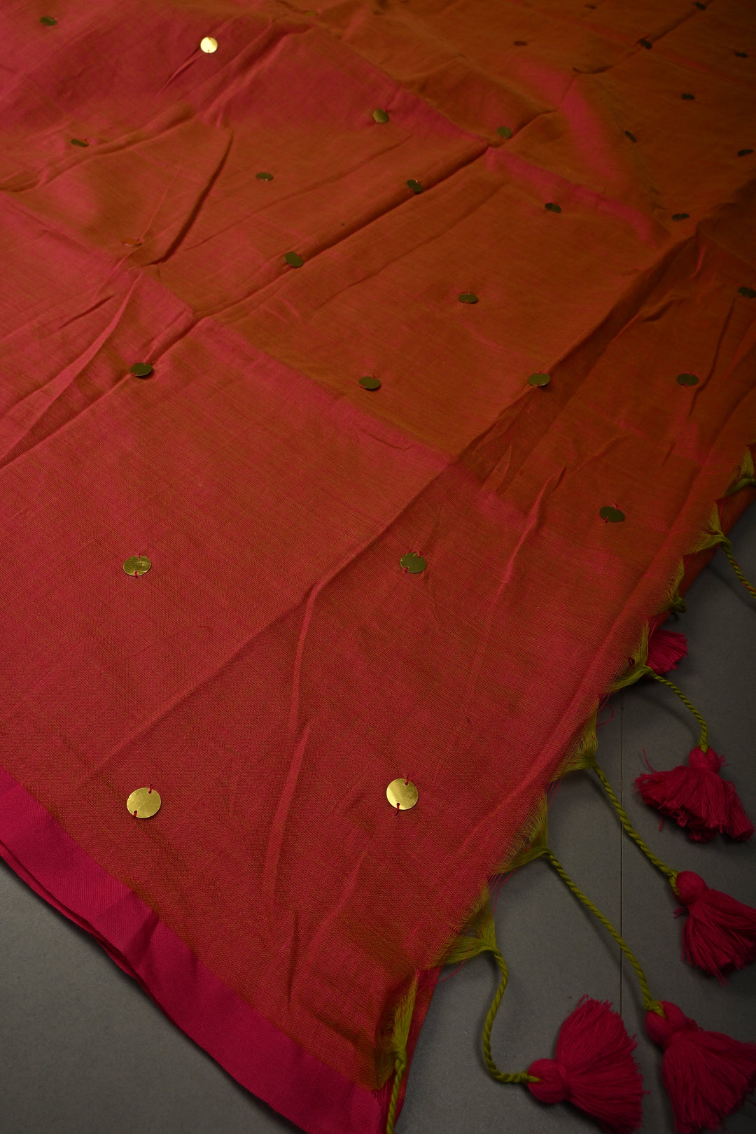 Orange-Pink Dual Tone Mercerized Mul Cotton saree in With Tikki work and Long Tassels, No Blouse Piece | SHOBITAM