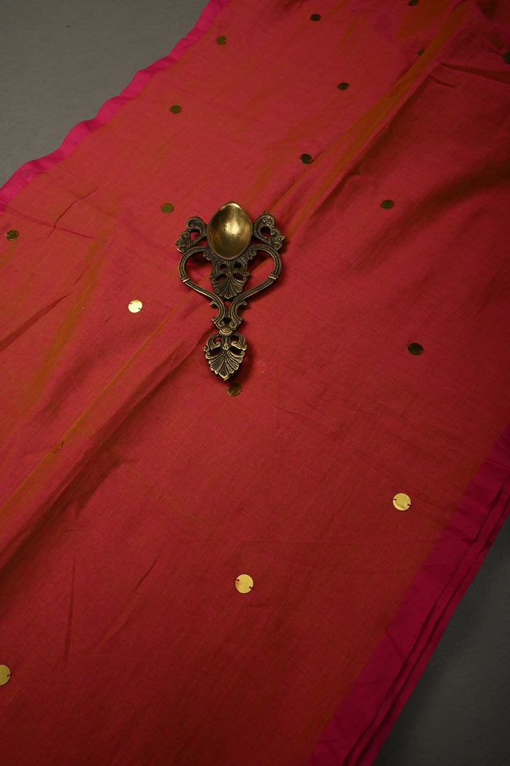 Orange-Pink Dual Tone Mercerized Mul Cotton saree in With Tikki work and Long Tassels, No Blouse Piece | SHOBITAM