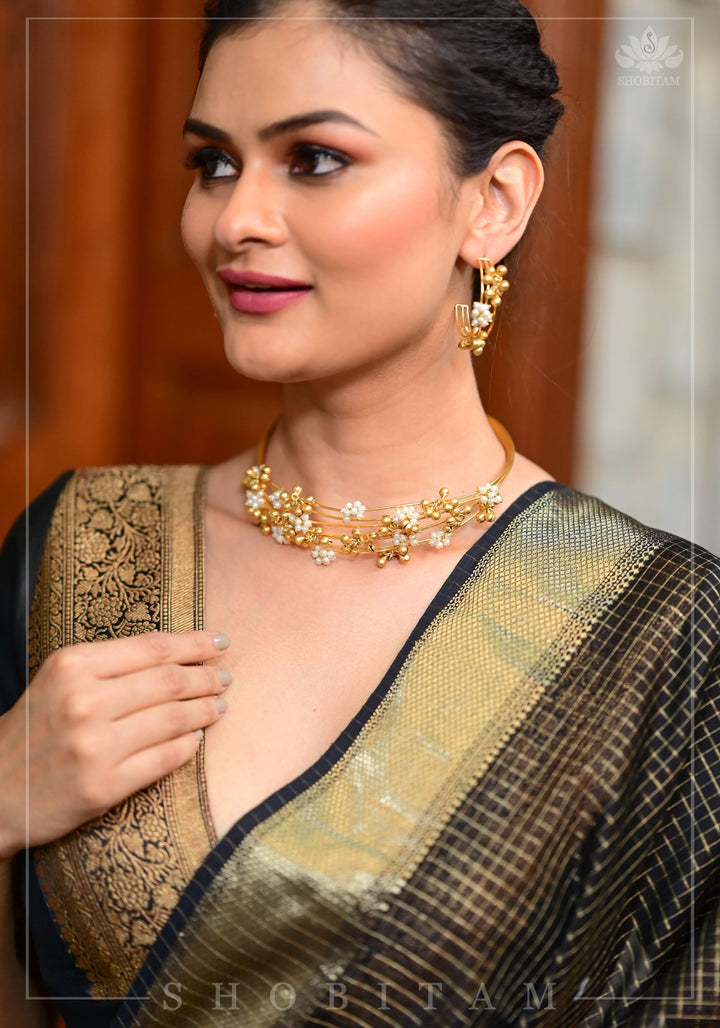 Black Blouse with Plunge Neck and Antique Tone Zari Detailing