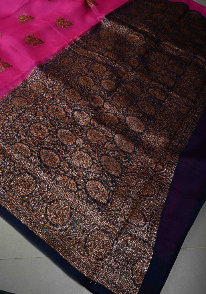Fushia Pure Banarasi Kora Silk Saree with Floral Antique Oxidized Zari Buttas and Contrast Zari Border| SILK MARK CERTIFIED | SHOBITAM