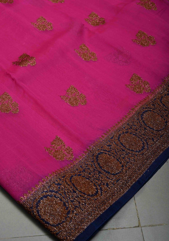 Fushia Pure Banarasi Kora Silk Saree with Floral Antique Oxidized Zari Buttas and Contrast Zari Border| SILK MARK CERTIFIED | SHOBITAM