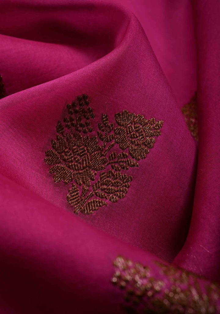 Fushia Pure Banarasi Kora Silk Saree with Floral Antique Oxidized Zari Buttas and Contrast Zari Border| SILK MARK CERTIFIED | SHOBITAM