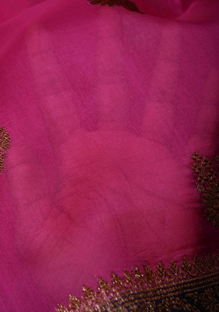 Fushia Pure Banarasi Kora Silk Saree with Floral Antique Oxidized Zari Buttas and Contrast Zari Border| SILK MARK CERTIFIED | SHOBITAM