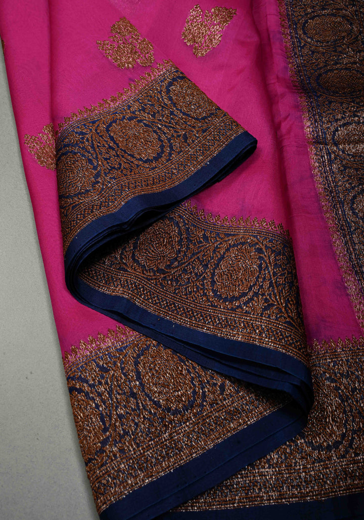 Fushia Pure Banarasi Kora Silk Saree with Floral Antique Oxidized Zari Buttas and Contrast Zari Border| SILK MARK CERTIFIED | SHOBITAM