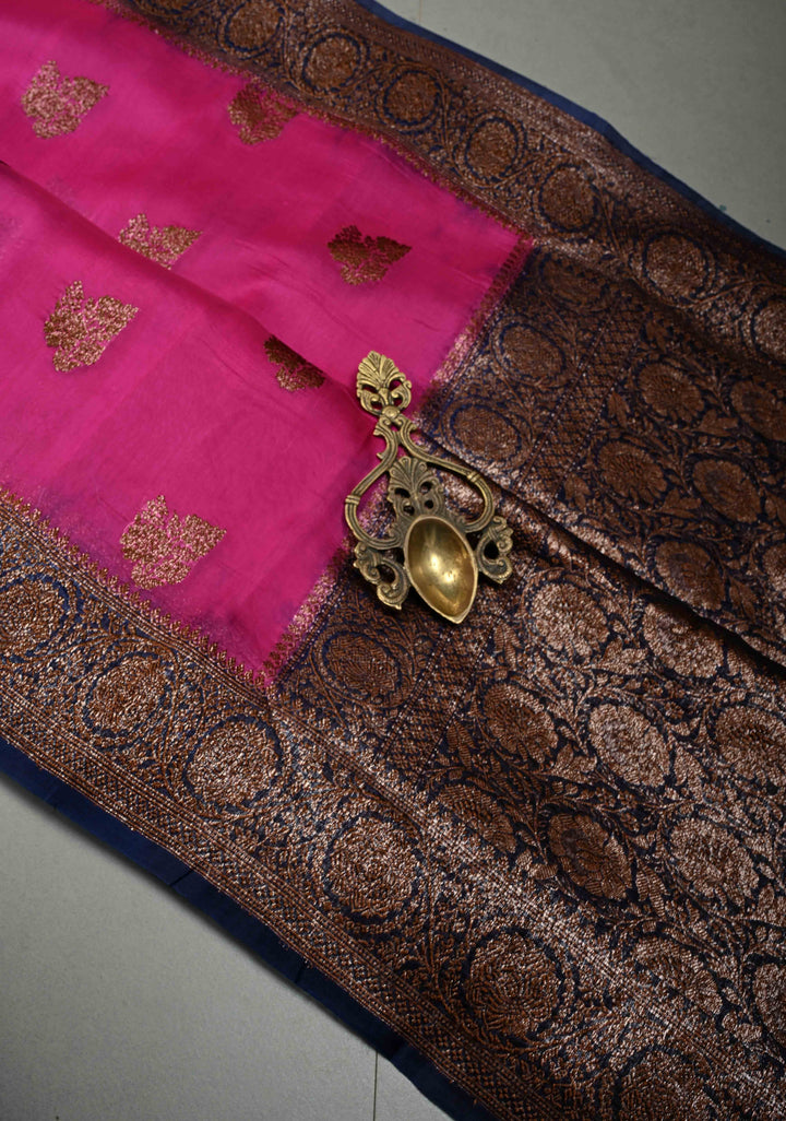 Fushia Pure Banarasi Kora Silk Saree with Floral Antique Oxidized Zari Buttas and Contrast Zari Border| SILK MARK CERTIFIED | SHOBITAM