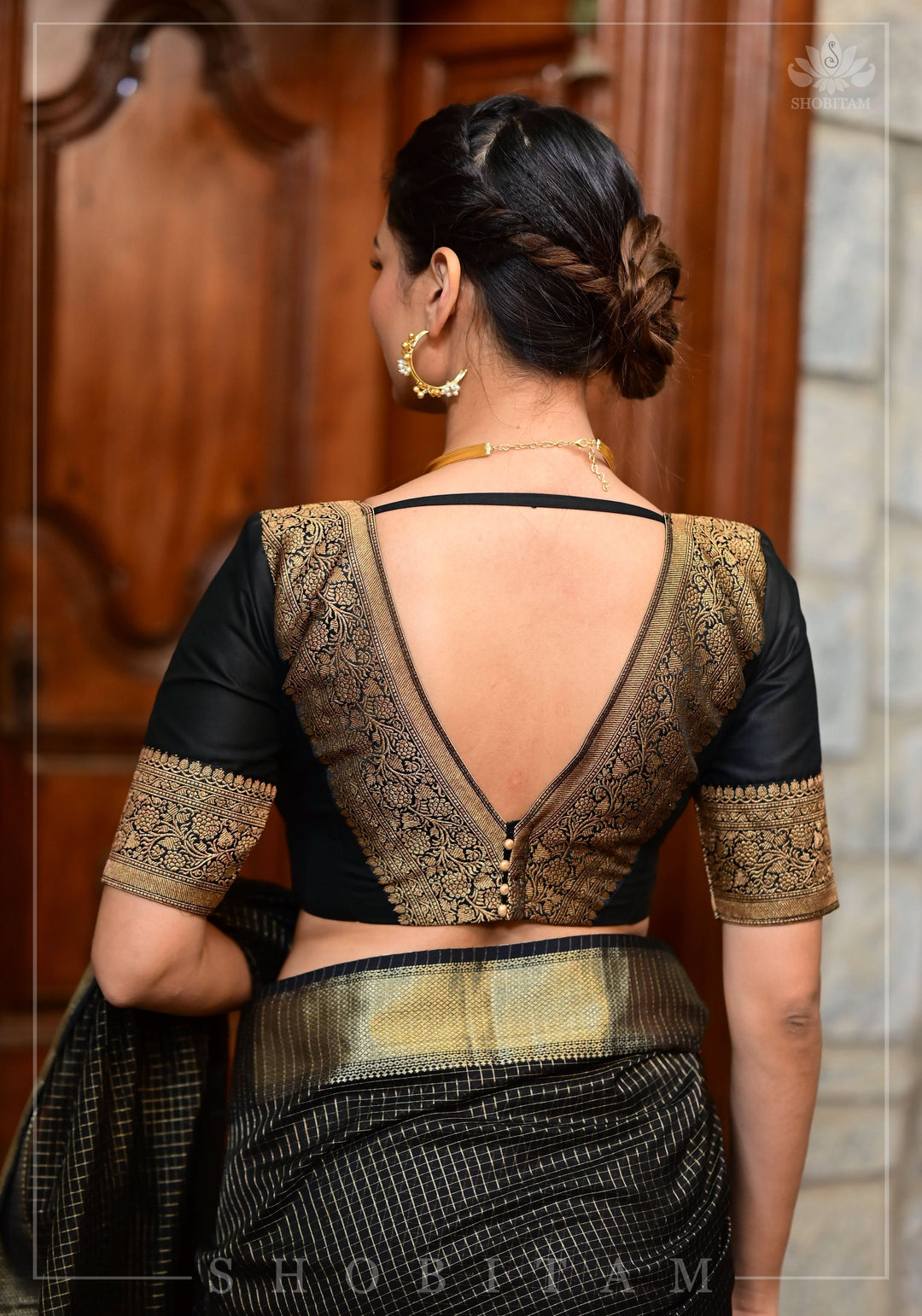 Black Blouse with Plunge Neck and Antique Tone Zari Detailing