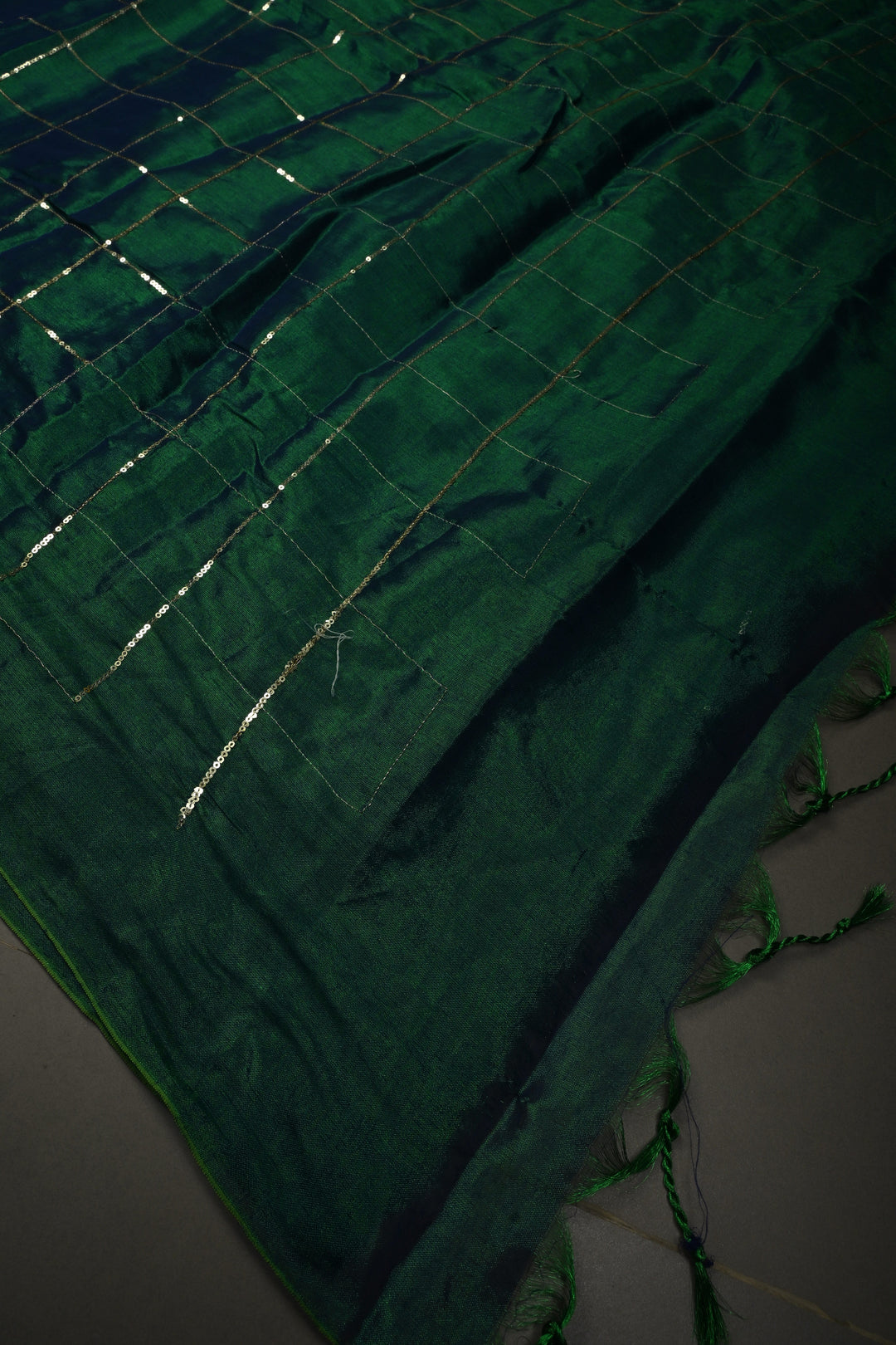 Green-Blue Dual Tone Tissue by Tissue Saree with Checks Sequins Work and Long Tassels , No Blouse Peice | SHOBITAM