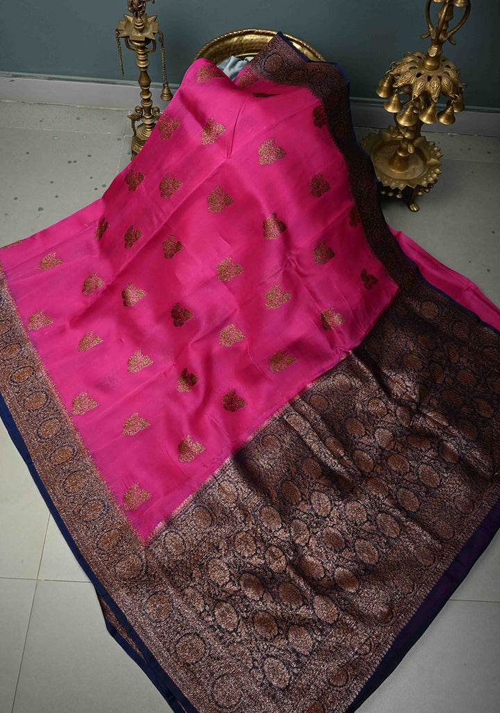 Fushia Pure Banarasi Kora Silk Saree with Floral Antique Oxidized Zari Buttas and Contrast Zari Border| SILK MARK CERTIFIED | SHOBITAM