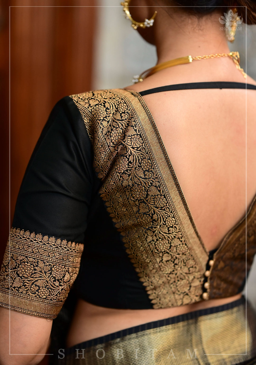 Black Blouse with Plunge Neck and Antique Tone Zari Detailing