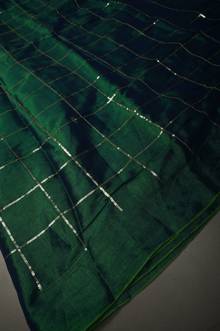 Green-Blue Dual Tone Tissue by Tissue Saree with Checks Sequins Work and Long Tassels , No Blouse Peice | SHOBITAM