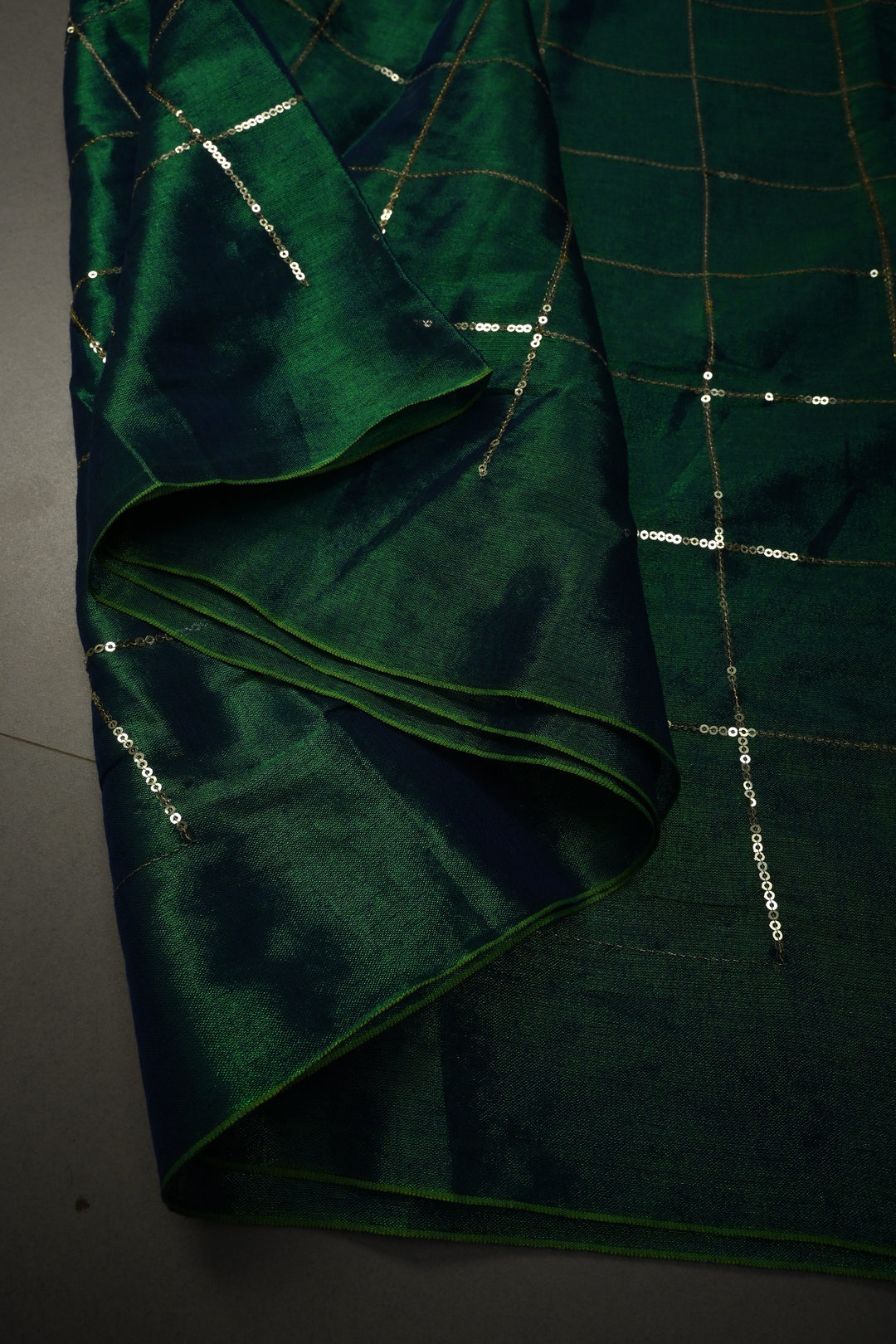 Green-Blue Dual Tone Tissue by Tissue Saree with Checks Sequins Work and Long Tassels , No Blouse Peice | SHOBITAM