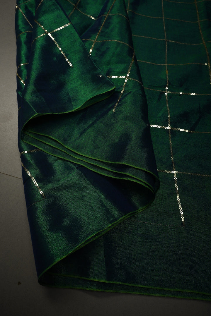 Green-Blue Dual Tone Tissue by Tissue Saree with Checks Sequins Work and Long Tassels , No Blouse Peice | SHOBITAM