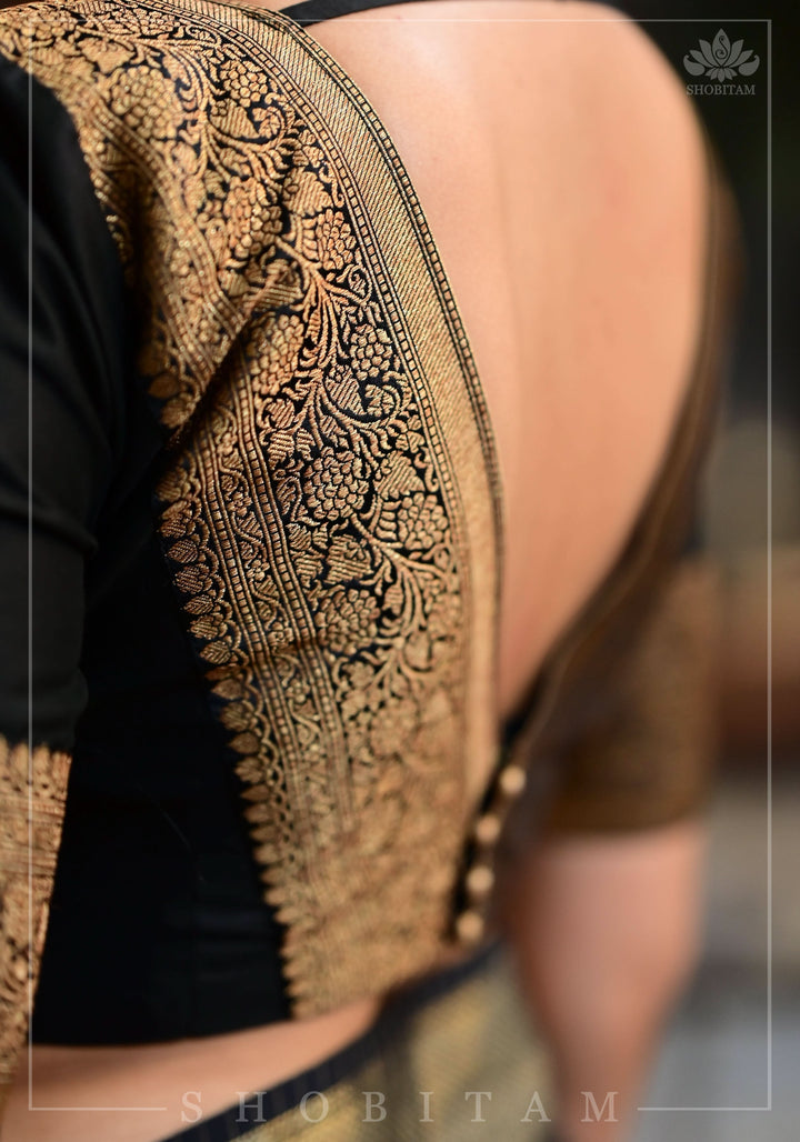 Black Blouse with Plunge Neck and Antique Tone Zari Detailing
