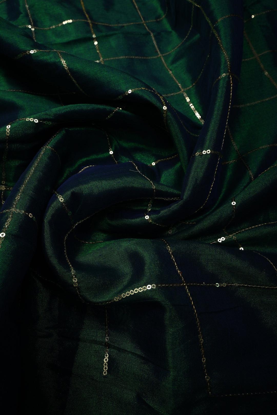 Green-Blue Dual Tone Tissue by Tissue Saree with Checks Sequins Work and Long Tassels , No Blouse Peice | SHOBITAM