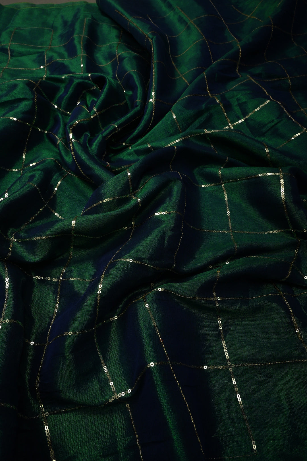 Green-Blue Dual Tone Tissue by Tissue Saree with Checks Sequins Work and Long Tassels , No Blouse Peice | SHOBITAM