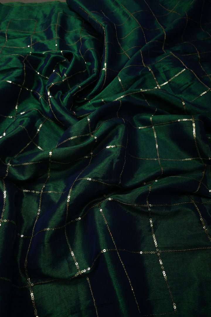 Green-Blue Dual Tone Tissue by Tissue Saree with Checks Sequins Work and Long Tassels , No Blouse Peice | SHOBITAM