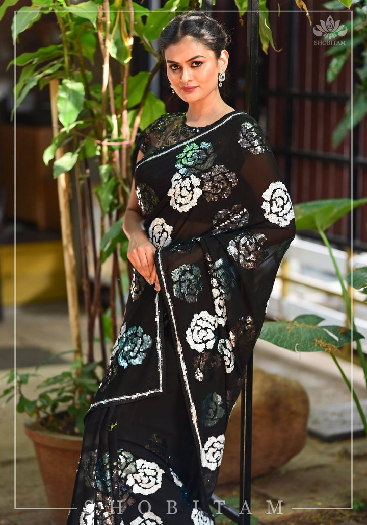 Georgette Saree with Rose Sequin work in Black