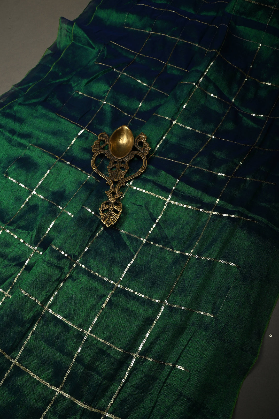 Green-Blue Dual Tone Tissue by Tissue Saree with Checks Sequins Work and Long Tassels , No Blouse Peice | SHOBITAM