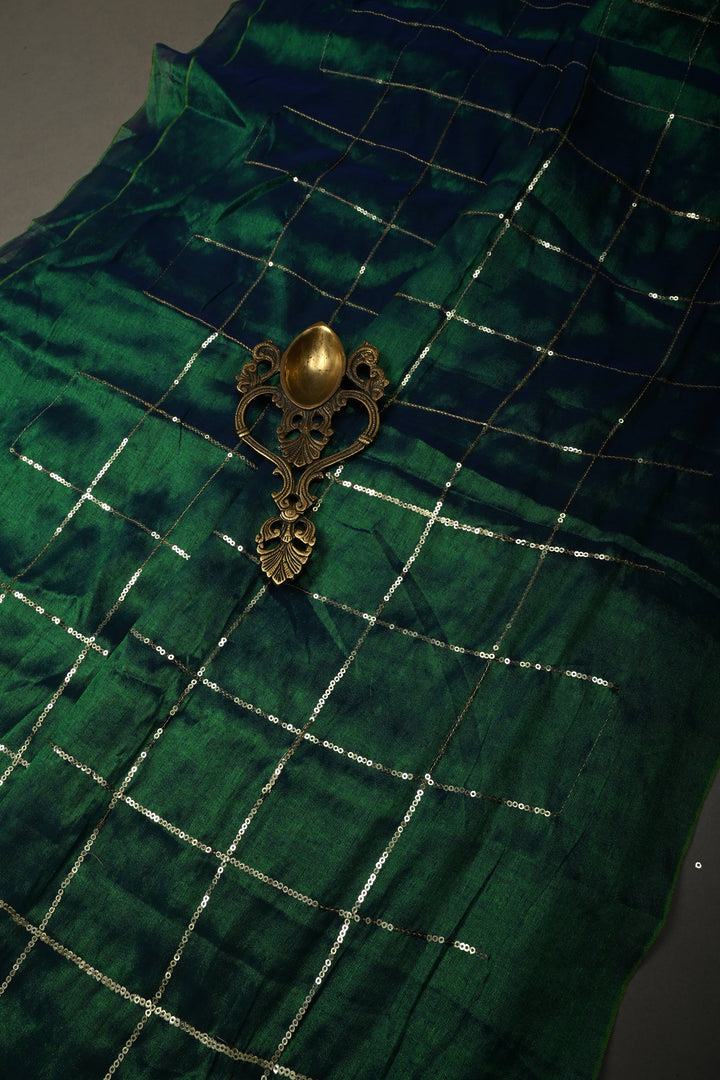 Green-Blue Dual Tone Tissue by Tissue Saree with Checks Sequins Work and Long Tassels , No Blouse Peice | SHOBITAM