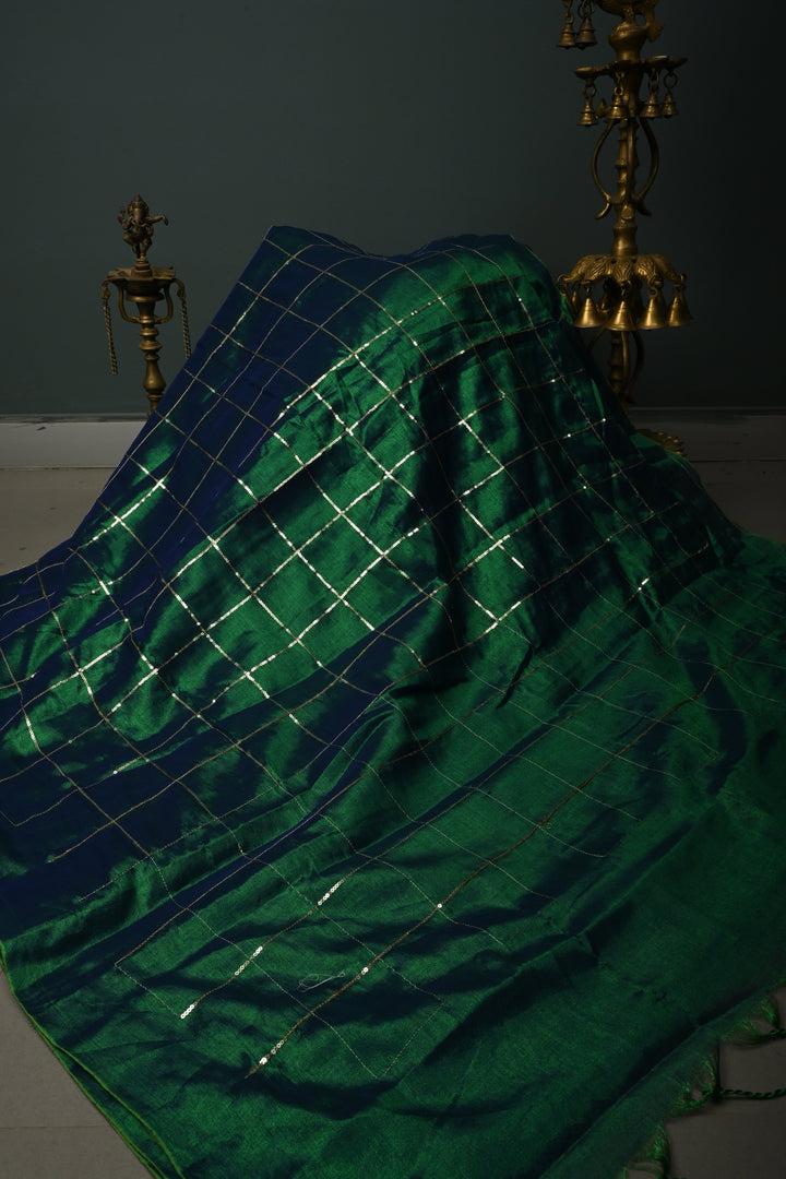 Green-Blue Dual Tone Tissue by Tissue Saree with Checks Sequins Work and Long Tassels , No Blouse Peice | SHOBITAM