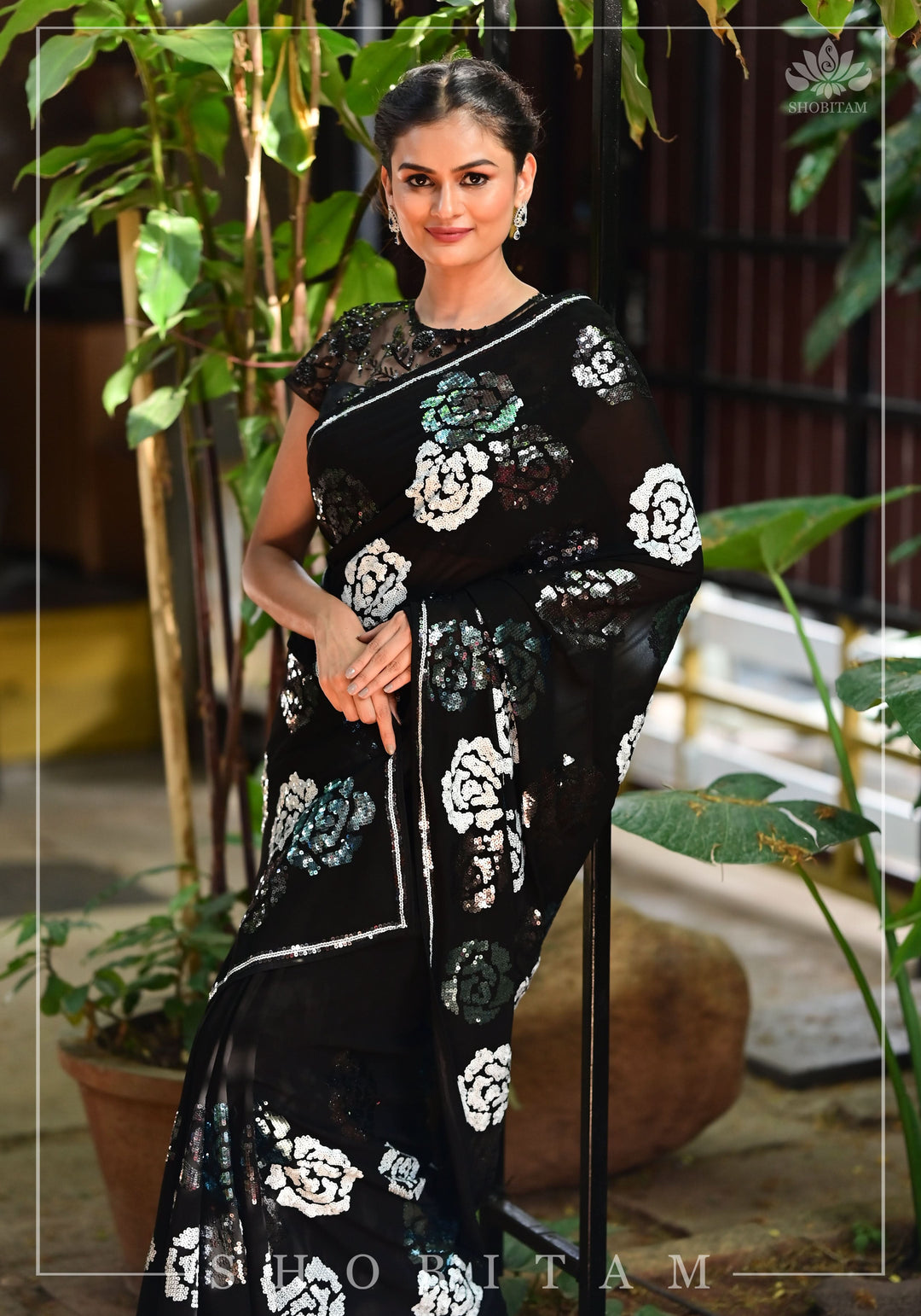 Georgette Saree with Rose Sequin work in Black