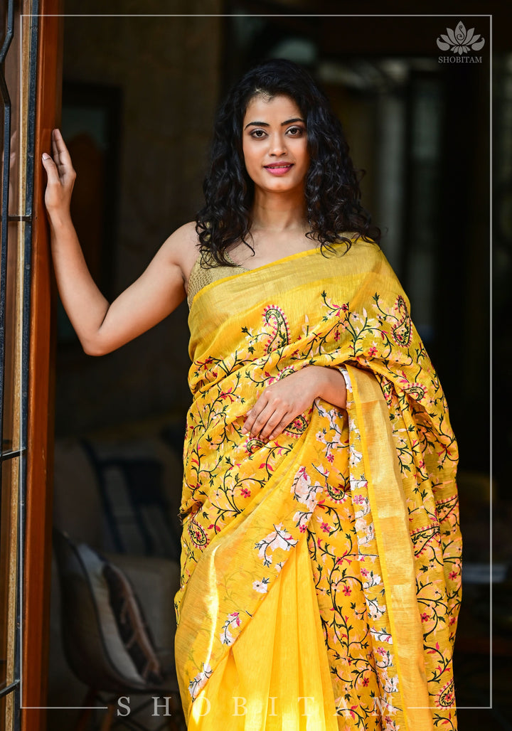 Silk Linen Saree in Yellow with Floral Half Jaal Embroidery