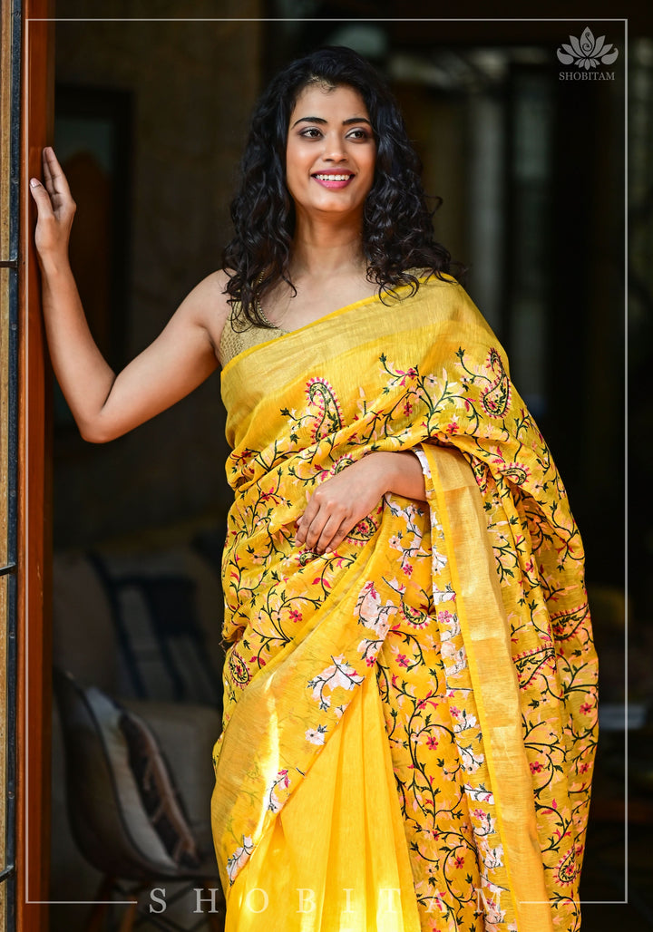 Silk Linen Saree in Yellow with Floral Half Jaal Embroidery