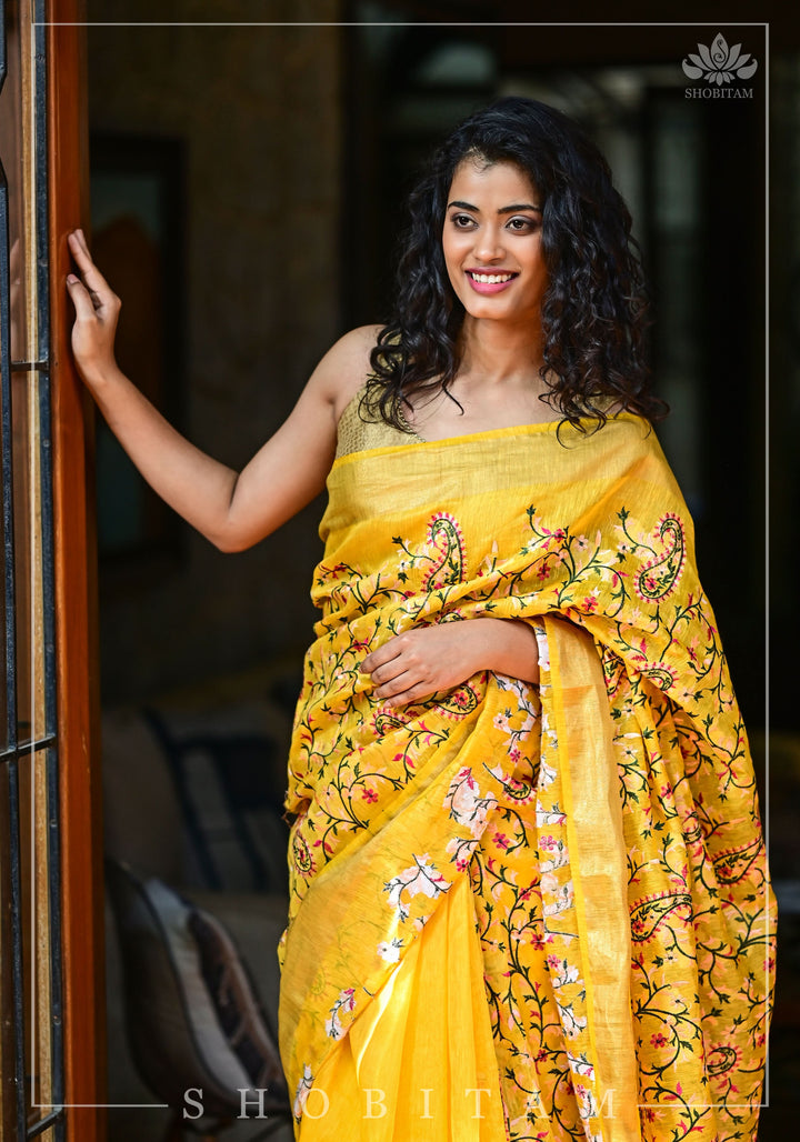 Silk Linen Saree in Yellow with Floral Half Jaal Embroidery