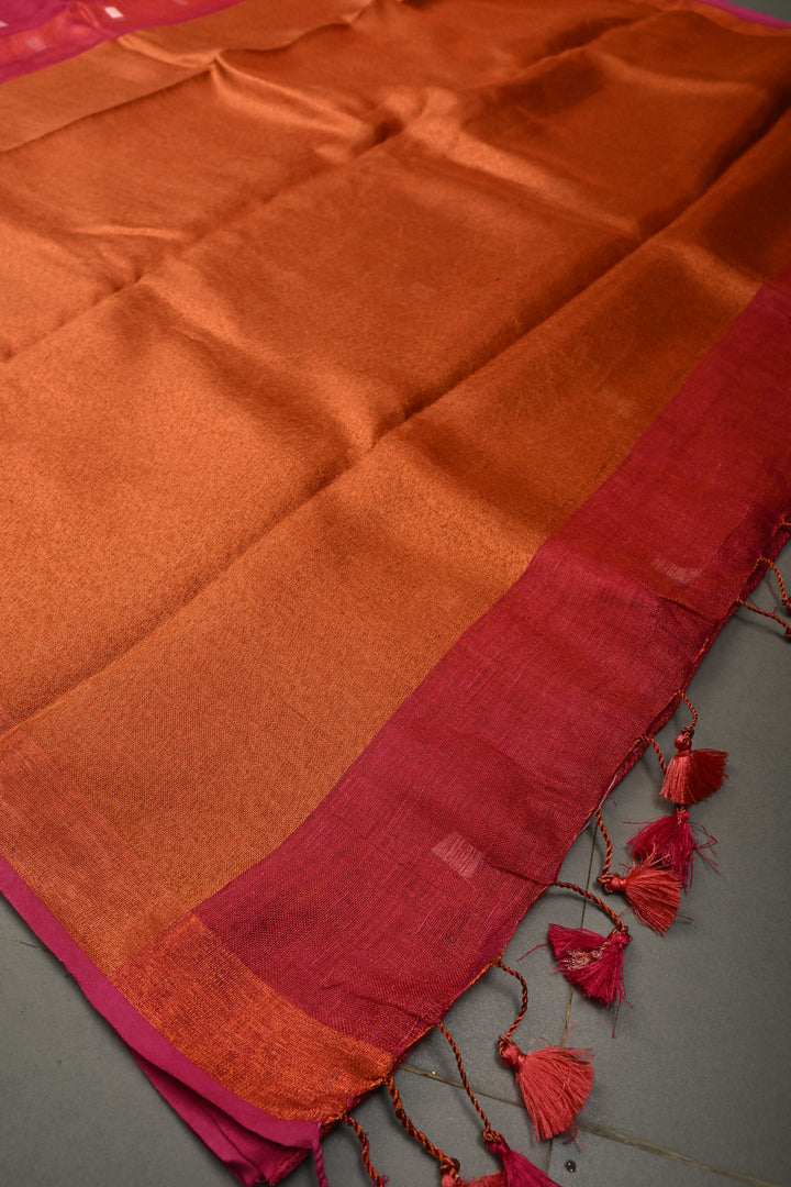 Pink Tissue Linen Saree with Resham Buttas and Minimal Zari Border | SHOBITAM