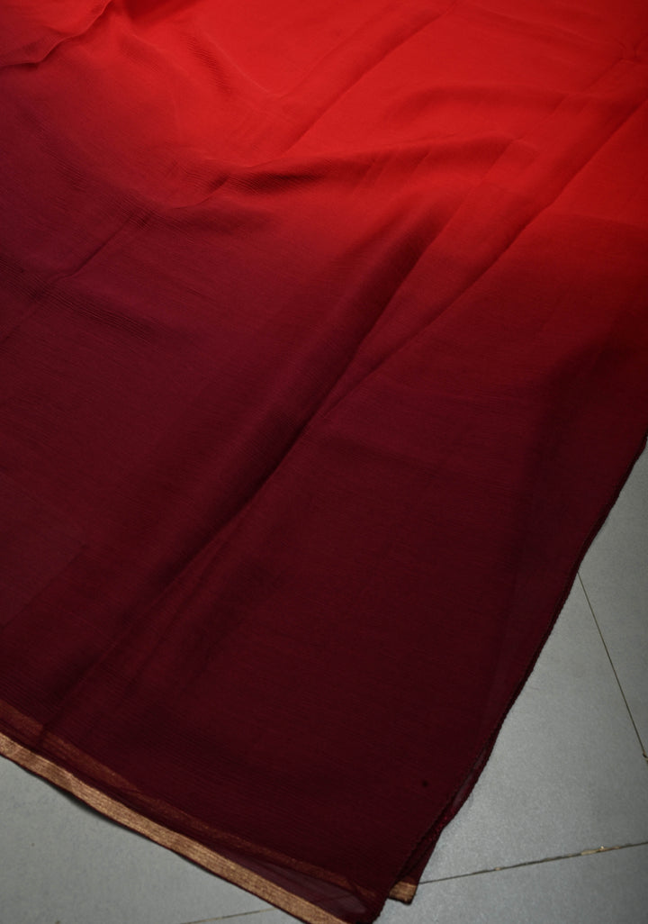 Bollywood style ombre pure chiffon in Red and Maroon, No Blouse Piece | SHOBITAM