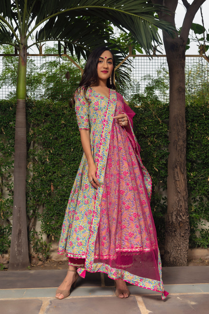 JAIPURI HAND BLOCK COTTON ANARKALI SET | SHOBITAM