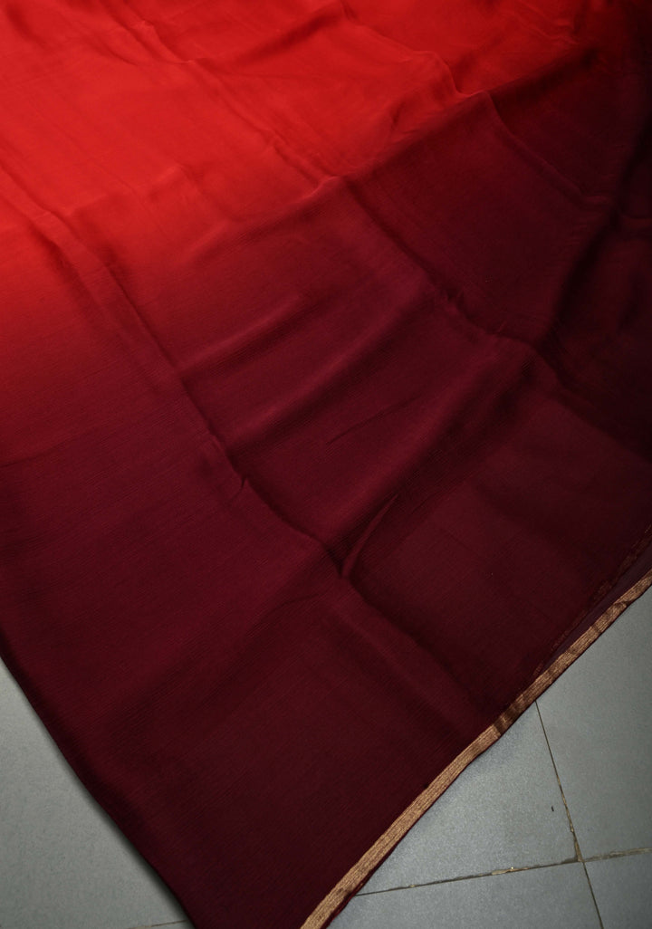 Bollywood style ombre pure chiffon in Red and Maroon, No Blouse Piece | SHOBITAM
