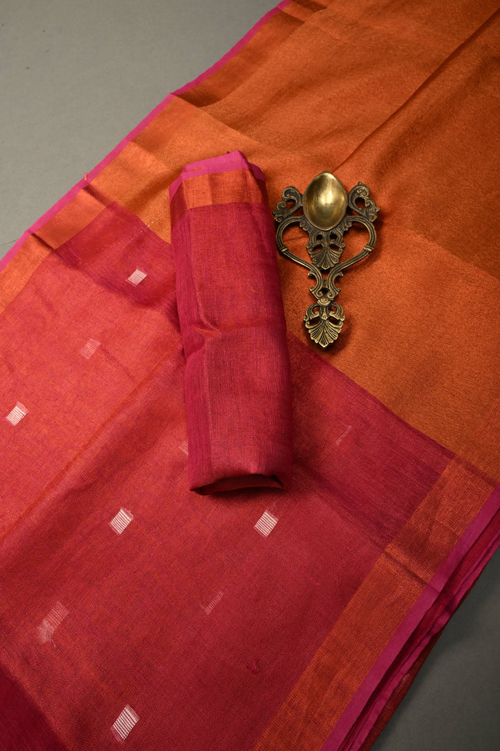 Pink Tissue Linen Saree with Resham Buttas and Minimal Zari Border | SHOBITAM