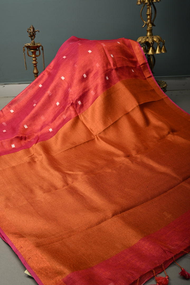 Pink Tissue Linen Saree with Resham Buttas and Minimal Zari Border | SHOBITAM
