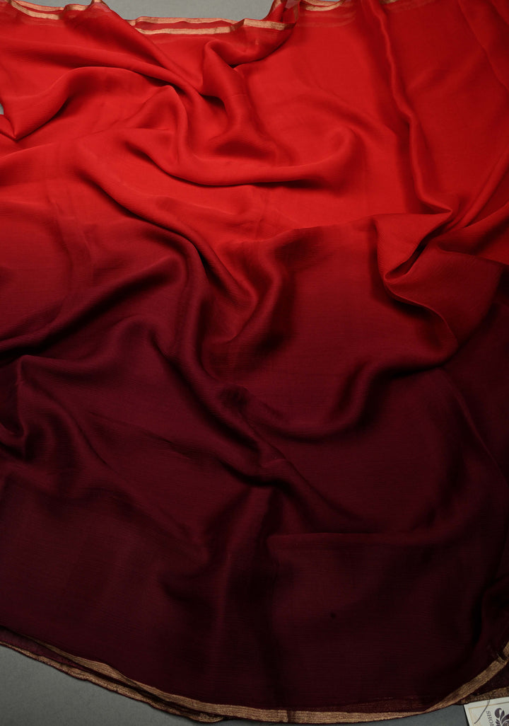 Bollywood style ombre pure chiffon in Red and Maroon, No Blouse Piece | SHOBITAM