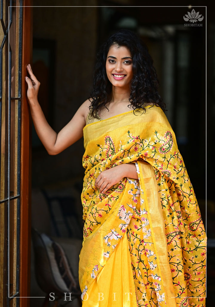 Silk Linen Saree in Yellow with Floral Half Jaal Embroidery