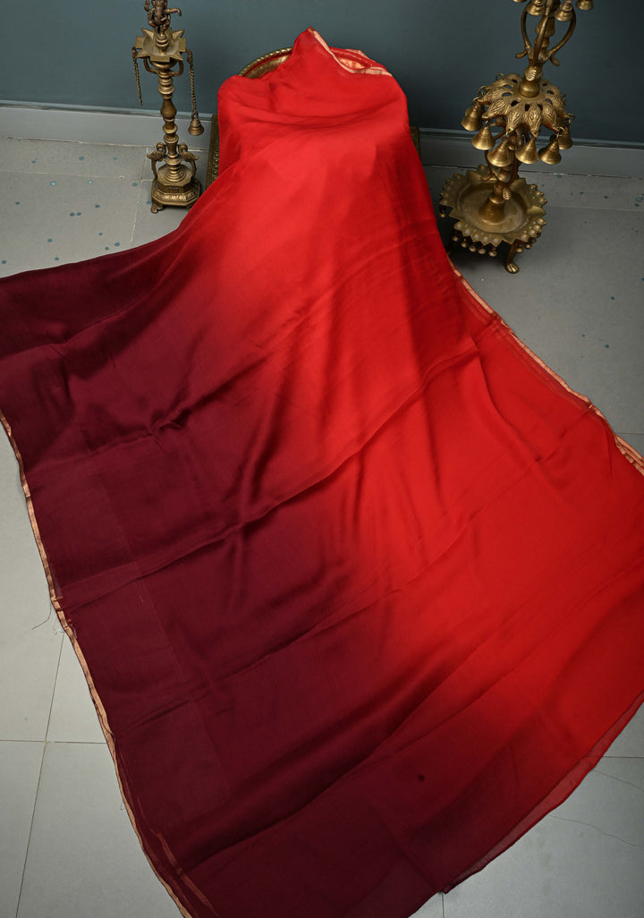 Bollywood style ombre pure chiffon in Red and Maroon, No Blouse Piece | SHOBITAM